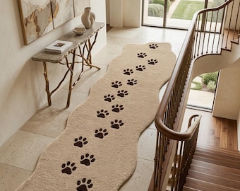 Handmade Paw Print Runner Rug, Tufted Dog Lover Hallway Accent, Cream Brown Organic Shape
