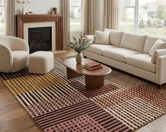 Handmade Abstract Patchwork Rug, Brown Sage Green Tufted Geometric Carpet, Cotton Accent Rug