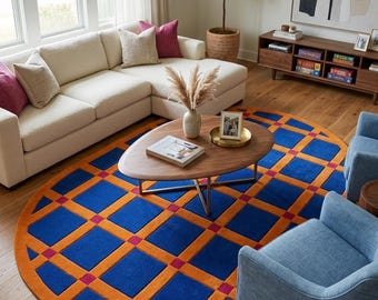 Handmade Blue Orange Geometric Area Rug, Modern Tufted Rug, Bold Grid Design, Plush Carpet for Living Room Bedroom