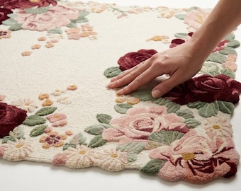 Floral Area Rug, Burgundy Pink Handmade Tufted Rug, Vintage Cottagecore Flower Carpet, Bedroom Decor, Soft Wool Rug