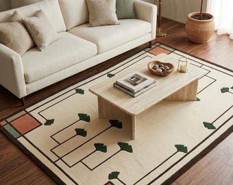 Hand Tufted Ginkgo Leaf Rug, Sage Green Art Nouveau Area Rug, Botanical Wool Rug for Living Room, Bedroom & Entryway Decor 6x8