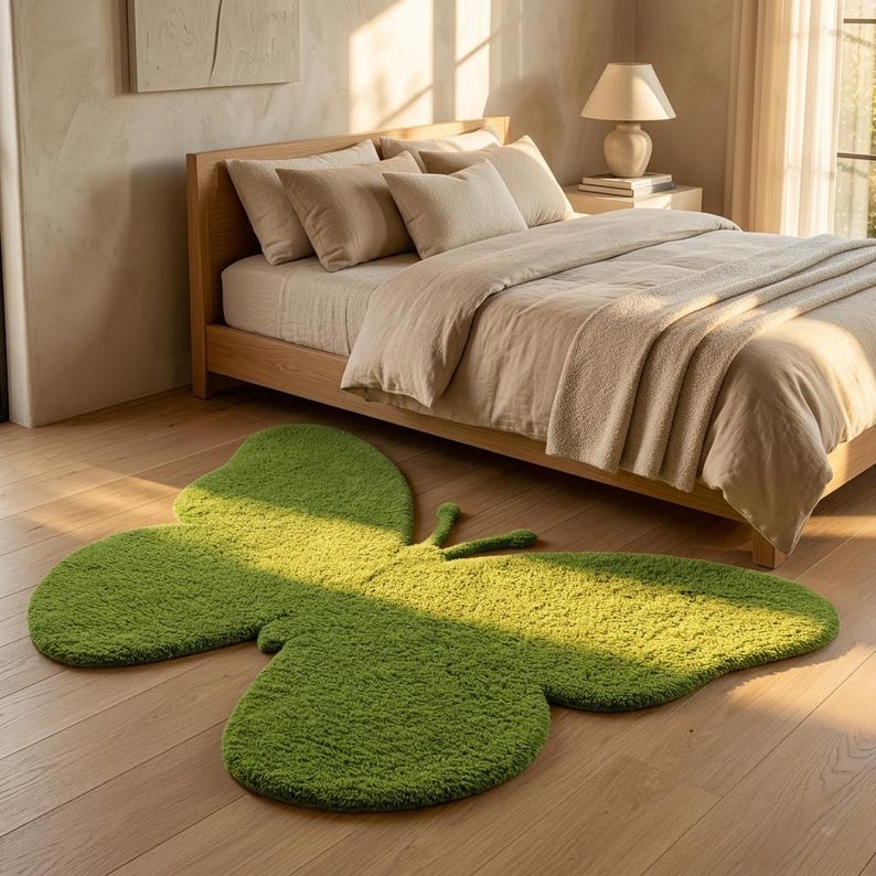 Puede incluir: Una alfombra verde brillante con forma de mariposa, hecha de un material suave y texturizado. La alfombra est&aacute; colocada sobre un suelo de madera clara frente a una cama con ropa de cama beige. La habitaci&oacute;n est&aacute; iluminada por luz natural.