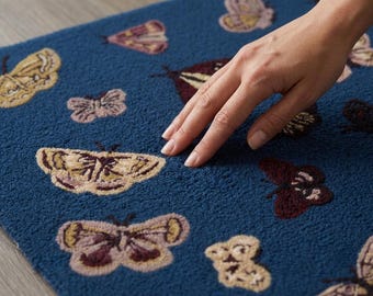 Butterfly Area Rug, Navy Blue Handmade Tufted Rug, Vintage Butterfly Carpet, Cottagecore Bedroom Decor, Wool Rug
