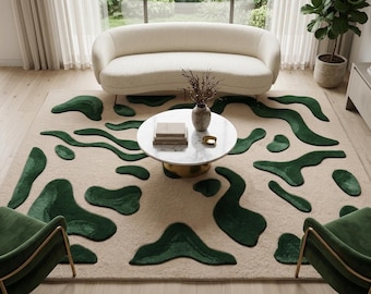 Abstract Area Rug, Green & Beige Handmade Rug, Organic Modern Living Room Rug, Hand Tufted Wool Plush Rug, Nature Inspired Decor
