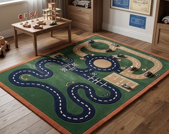 Kids Road Rug, Green Blue Handmade Tufted Rug, Playroom Area Rug, Wool Car Track Carpet, Nursery Kids Room Decor