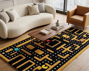 Maze Rug, Handmade Tufted Area Rug, Black Gold Geometric Rug, Abstract Labyrinth Design, Playroom Bedroom Decor, Unique Statement Rug