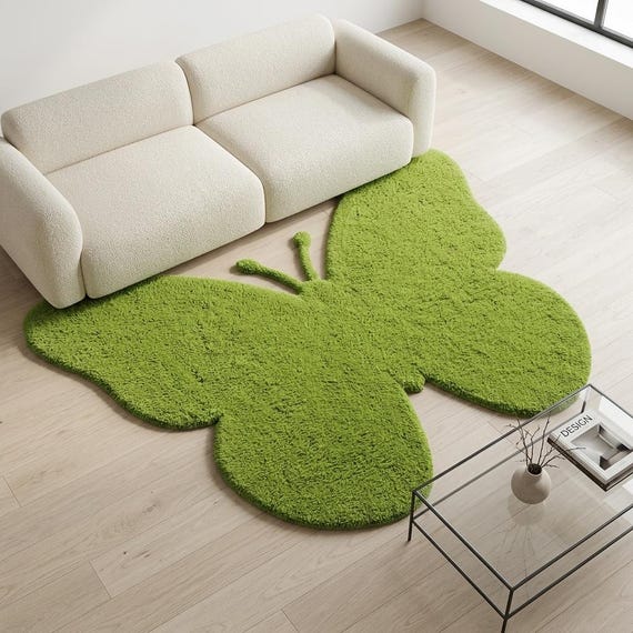 Green Butterfly Shaped Rug, Handmade Tufted Area Rug, Soft Plush Kids Room Decor, Nature Inspired Bedroom Accent Rug
