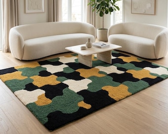 Hand Tufted Abstract Area Rug, Green Mustard Cream Black Modern Rug, Handmade Wool Living Room Rug, Geometric Minimalist Bedroom Carpet