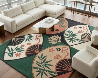 Modern Botanical Area Rug, Hand Tufted Floral Rug, Green Terracotta Abstract Rug, Luxury Living Room Carpet, Handmade Wool Rug