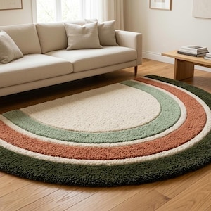 Alfombra de media luna con mechones, felpudo arcoíris, alfombra de cocina, alfombra terracota verde salvia, alfombra bohemia para habitación infantil, felpudo de entrada hecho a mano