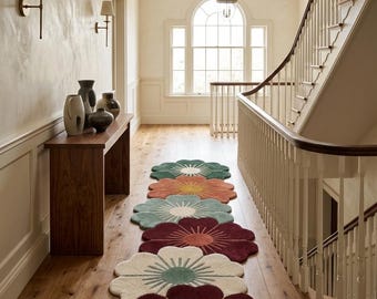 Handmade Floral Runner Rug, Flower Tufted Rug, Colorful Botanical Hallway Rug, Modern Cottage Decor, Soft Cut Pile Carpet