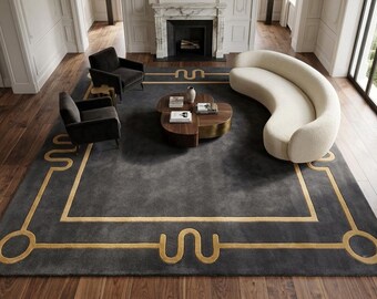 Handmade Area Rug, Charcoal Black & Gold Art Deco Geometric Rug, Hand Tufted Wool Blend, Modern Living Room Bedroom Decor