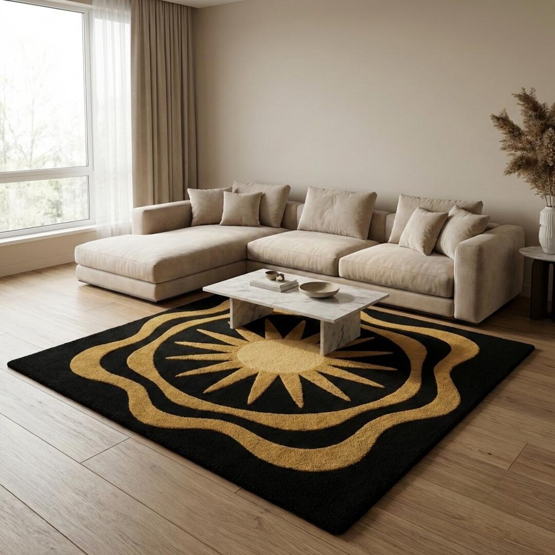 Handmade Tufted Sunburst Rug, Black and Gold, Retro Modern - Etsy
