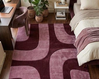 Abstract Area Rug, Handmade Tufted Pink Burgundy Rug, Modern Geometric Carpet, Living Room Bedroom Decor, Plush Wool Accent Rug