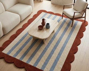 Blue Stripe Scalloped Tufted Rug, Handmade Wool Area Rug, Cream & Rust Border Rug, Modern Scandinavian Living Room Carpet