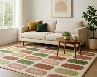 Retro Geometric Tufted Rug | Mid Century Modern Living Room Carpet | Abstract Oval Pattern Area Rug | Pink Green Beige Home Decor