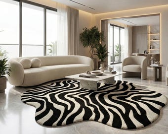 Modern Abstract Tufted Rug, Black Cream Wavy Area Rug, Handmade Organic Shape Carpet for Living Room Decor