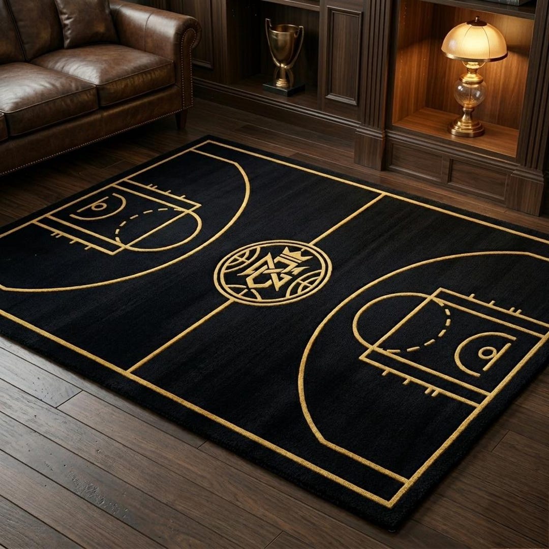 Luxury Basketball Court Rug, Black Gold Hand Tufted Area Rug for Game ...