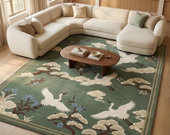 Sage Green Crane Oriental Rug, Handmade Tufted Botanical Carpet
