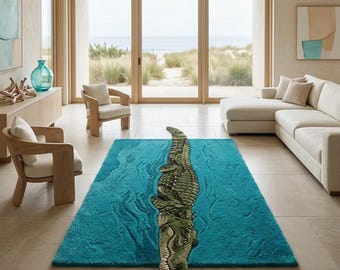 Alligator Rug, Handmade Tufted Animal Rug, Green Crocodile Rug, Reptile Decor, Blue Water Rug, Unique Kids Room Game Room Accent
