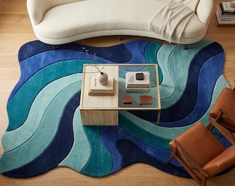 Area Rug, Blue Teal Abstract Tufted Rug, Handmade Wavy Wool Rug for Living Room, Modern Sculptural Plush Floor Decor