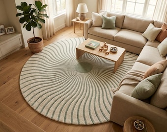 Round Area Rug, Sage Green Cream Tufted Rug, Modern Wavy Pattern Carpet, Minimalist Living Room Rug, Handmade Wool Rug
