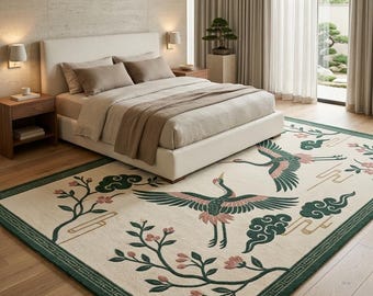 Handmade Tufted Crane Oriental Rug, Asian Inspired Living Room Carpet
