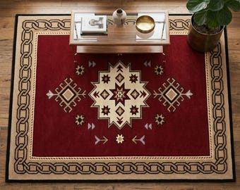 Red Tribal Area Rug, Handmade Tufted Rug, Geometric Southwestern Rug for Living Room, Bedroom & Hallway, Soft Wool Feel