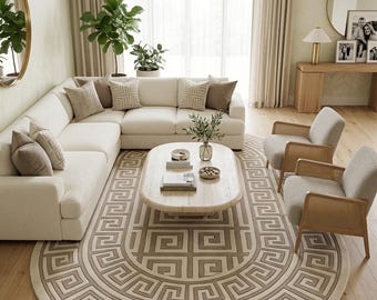 Hand Tufted Wool Oval Rug, Ivory Beige Geometric Greek Key Design