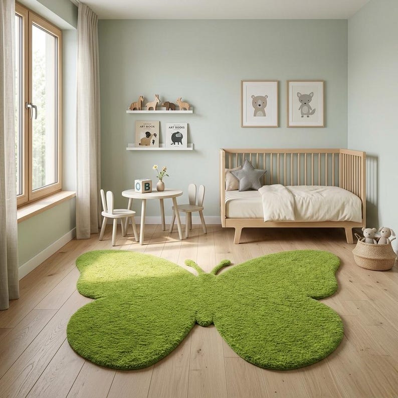 Puede incluir: Una alfombra verde con forma de mariposa domina el dormitorio de un ni&ntilde;o. La habitaci&oacute;n cuenta con una cuna de madera, una peque&ntilde;a mesa y sillas, y arte de animales enmarcados. Las paredes est&aacute;n pintadas de un verde suave y la habitaci&oacute;n est&aacute; llena de luz natural.