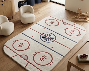 Hockey Rink Area Rug, Hand Tufted Sports Rug, Cream Navy Burgundy Kids Room Rug, Playroom Hockey Decor, Plush Carpet
