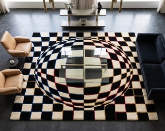 Black White Checkerboard Rug, Optical Illusion Geometric Tufted Rug, Modern Handmade Wool Blend Area Rug, Living Room Bedroom Decor