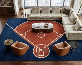 Baseball Field Rug, Navy Red Sports Rug, Handmade Tufted Area Rug for Bedroom, Game Room & Kids Room, Soft Athletic Decor