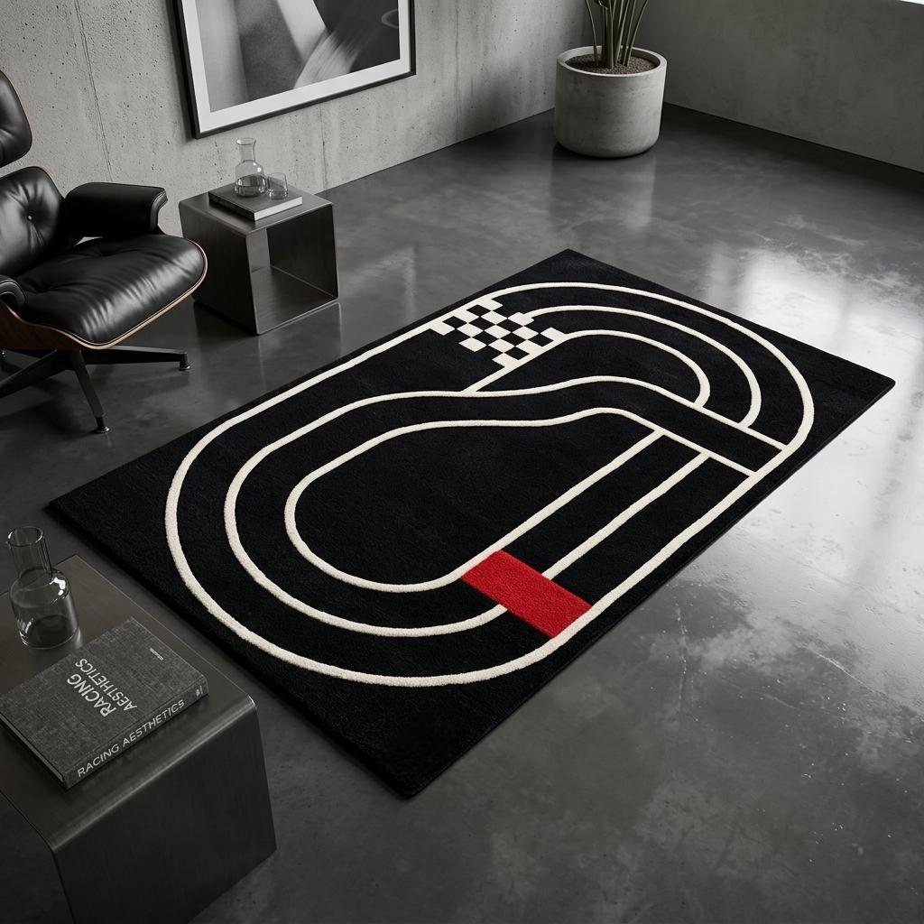 Race Track Rug Black White Hand Tufted Area Rug, Motorsport Room Decor ...