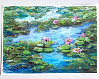 Pintura original de nenúfares al pastel al óleo, arte floral impresionista de Monet, decoración de pared con paisaje de estanque pequeño, obra de arte original en pastel suave.