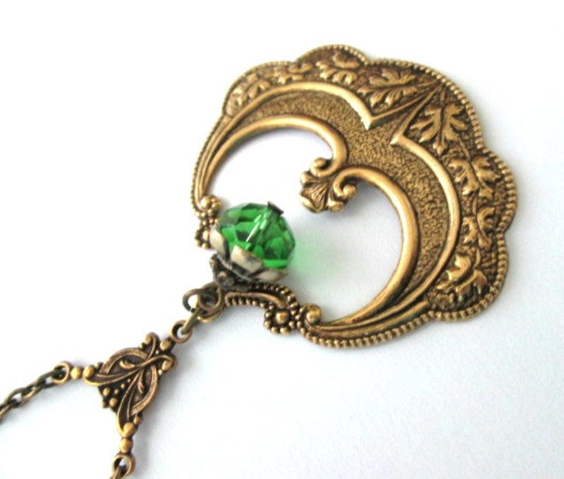 Oak leaf necklace jewelry green crystal bead necklace antique bronze brass oak leaf pendant victorian style