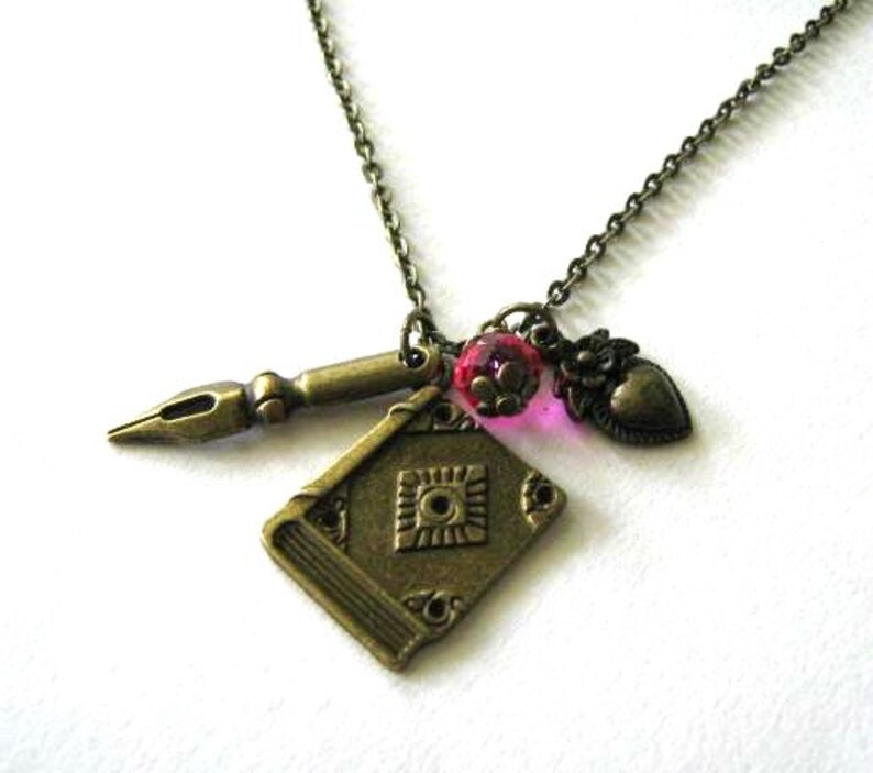 Pen nib necklace diary book pendant jewelry pink crystal and Etsy