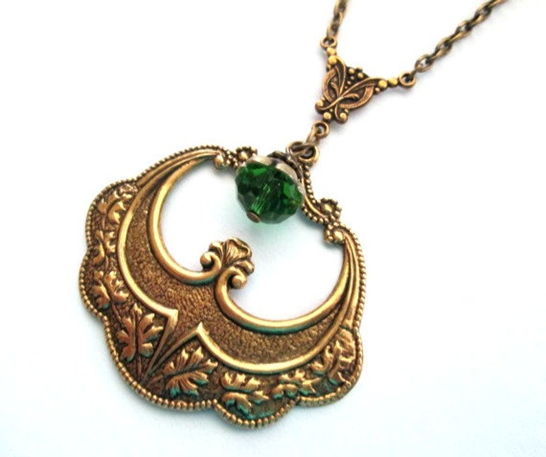 Oak leaf necklace jewelry green crystal bead necklace antique bronze brass oak leaf pendant victorian style