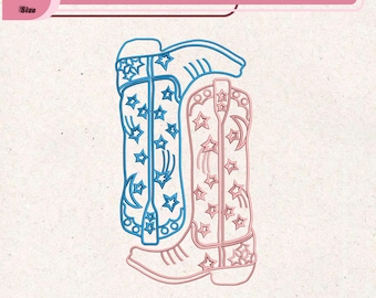 Diseño de bordado de botas de vaquera cósmica con estrellas y luna, archivo de bordado de calzado retro western celestial, archivo para máquina de coser country en formato digital