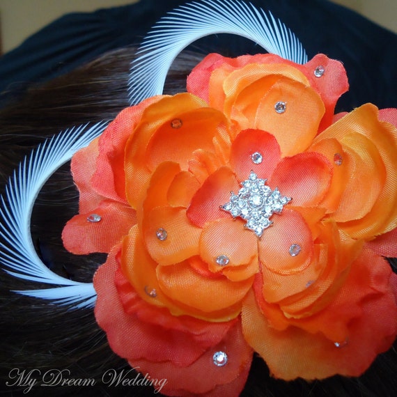 Items similar to Orange hair clip. Apricot Diva with Feathers. Full of