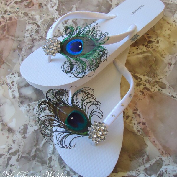 White Peacock Flip flops with Swarovki Crystals. Bridesmaid Bridal Party, made in your wedding colors -TROPICAL WEDDING Collection-