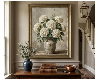 Hortensie Wand Kunst zum ausdrucken, rustikale weiße Hortensie Ölgemälde, neutrale Bauernhaus Blumen Wohnkultur, Vintage botanische Vase Kunst zum Herunterladen