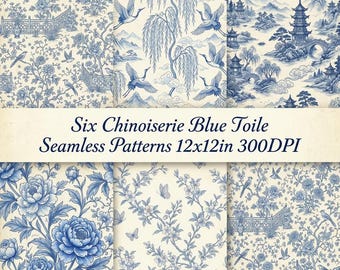 Chinoiserie Wallpaper Blue Toile Seamless Patterns lampshade drapery bedding journal, Digital Download, Asian Floral Vintage Botanical