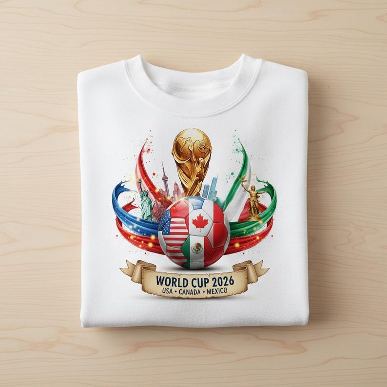 May include: White sweatshirt featuring a colorful graphic for the 2026 World Cup. The design includes a soccer ball with flags of the USA, Canada, and Mexico, along with the World Cup trophy and the text "WORLD CUP 2026 USA CANADA MEXICO."