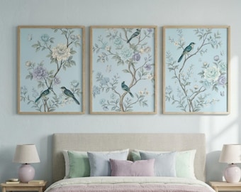 Ice Blue Chinoiserie Triptych Wall Art, Birds Flowers Botanical Prints (Digital Download)