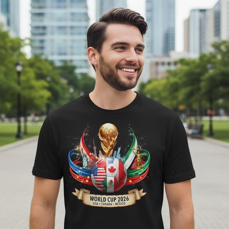May include: Black t-shirt featuring a graphic for the 2026 World Cup. The design includes a soccer ball with flags of the USA, Canada, and Mexico, a gold trophy, and the text "WORLD CUP 2026 USA &bull; CANADA &bull; MEXICO".