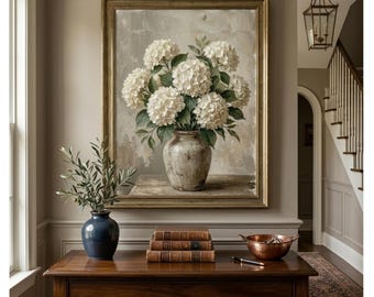 Hydrangea Wall Art Printable, Rustic White Hydrangea Oil Painting, Neutral Farmhouse Floral Decor, Vintage Botanical Vase Art Download