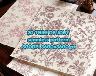 Pink Chinoiserie wallpaper clipart PNG JPG bundle, Seamless Floral Pattern, Toile de Jouy Digital Paper, Vintage Botanical Background