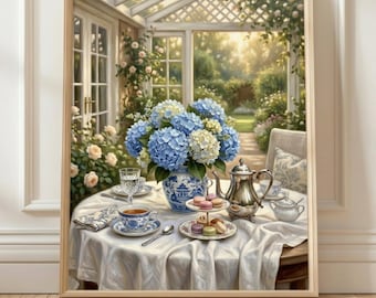 Blue Hydrangea Wall Art Printable, Vintage Floral Oil Painting, Cottagecore Botanical Decor, 4th of July, Coastal Farmhouse Download