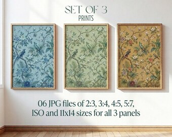 Chinoiserie Wall Art panels set of 3 matted bird prints contrast colors, vintage floral tapestry, Asian botanical decor, digital download